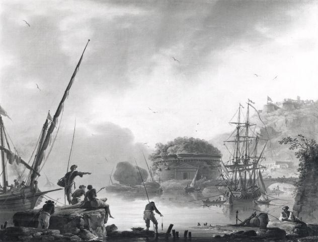 A. C. Cooper — Lacroix Charles François - sec. XVIII - Marina con pescatori e veliero — insieme